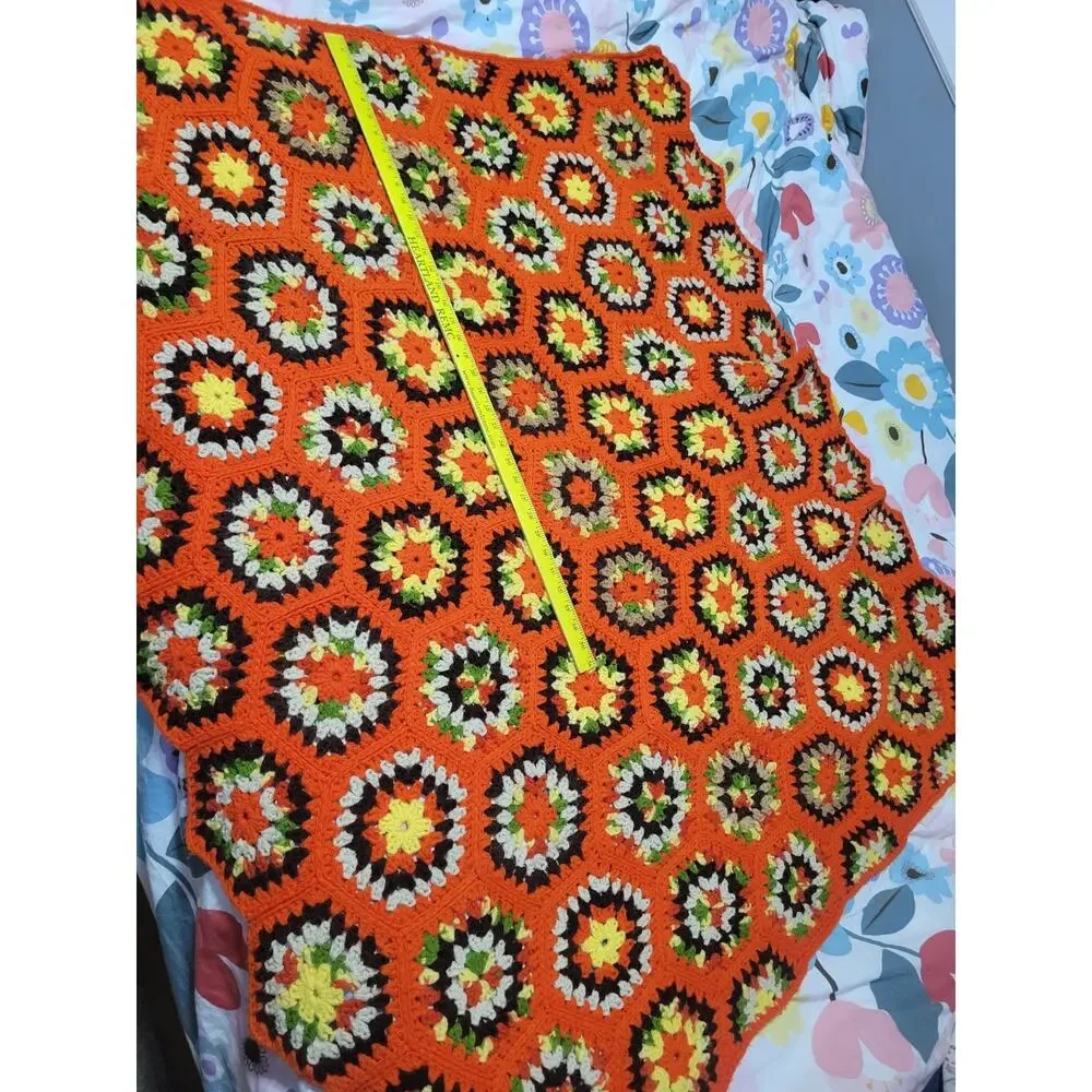 Vtg Granny 3D Flower Square Crochet Afghan Blanket Grannycore Handmade